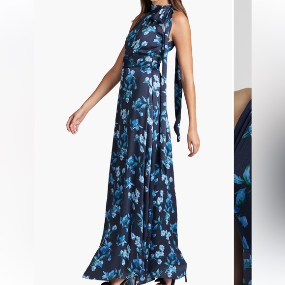 Sachin + Babi Kayla Crinkle Georgette One Shoulder Floral Gown in Blue EUC - Picture 4 of 14
